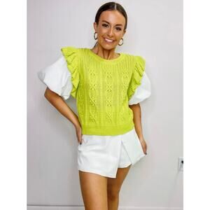 Entro Twofer Puff Short Sleeve Knit Blouse Medium Sweater Lime Green Preppy
